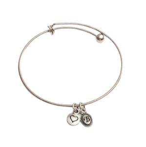 Retired Brighton Heart & B Charm Silvertone Adjustable Bangle Bracelet